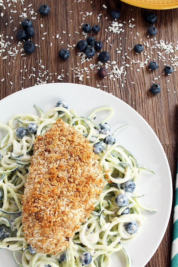 Blueberry-Yogurt Zucchini Pasta Salad with Coconut Crusted Baked Chicken 