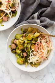 Maple Brussel Sprout and Ham Hash with Apple Noodles