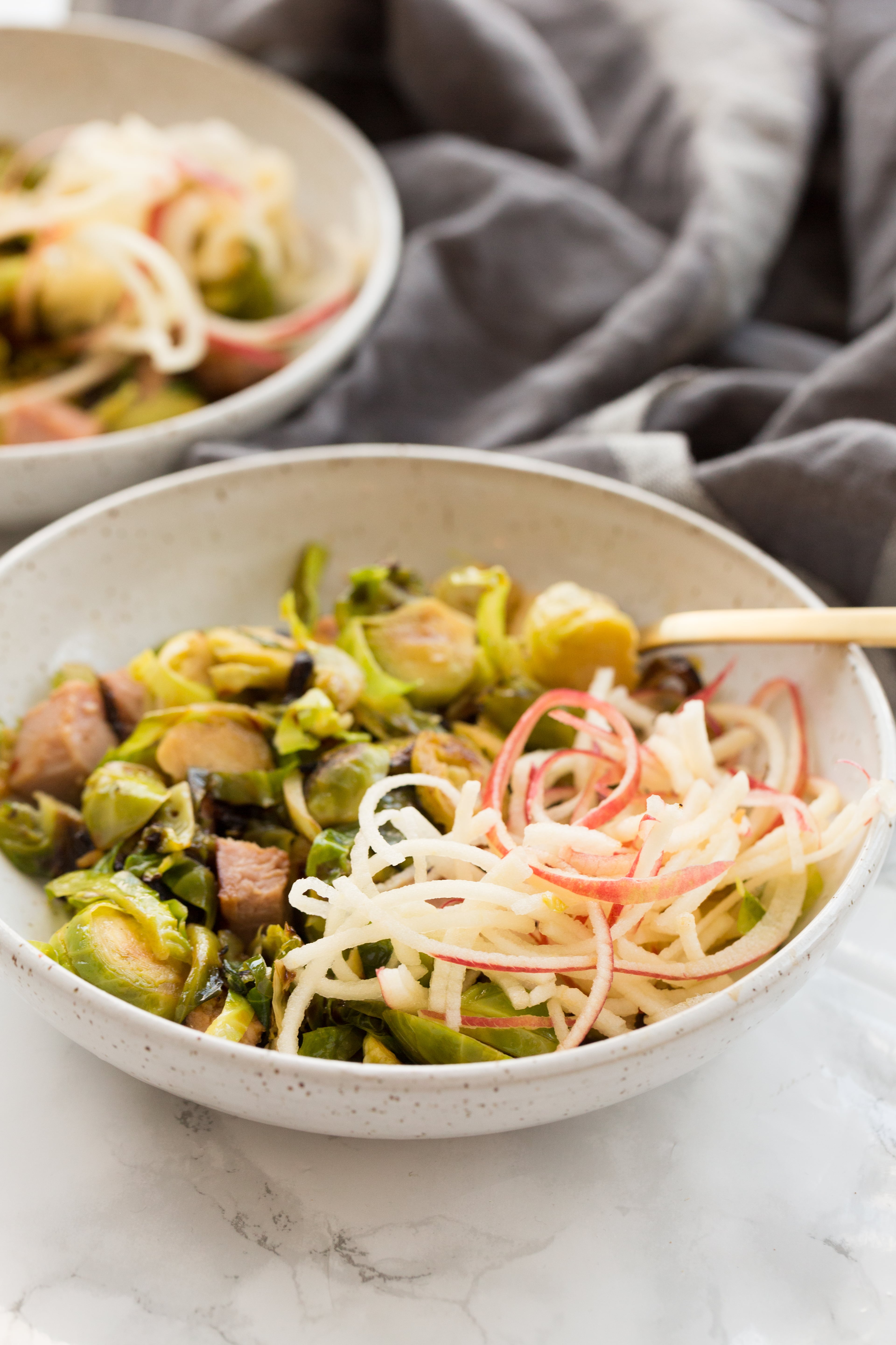 Maple Brussel Sprout and Ham Hash with Apple Noodles