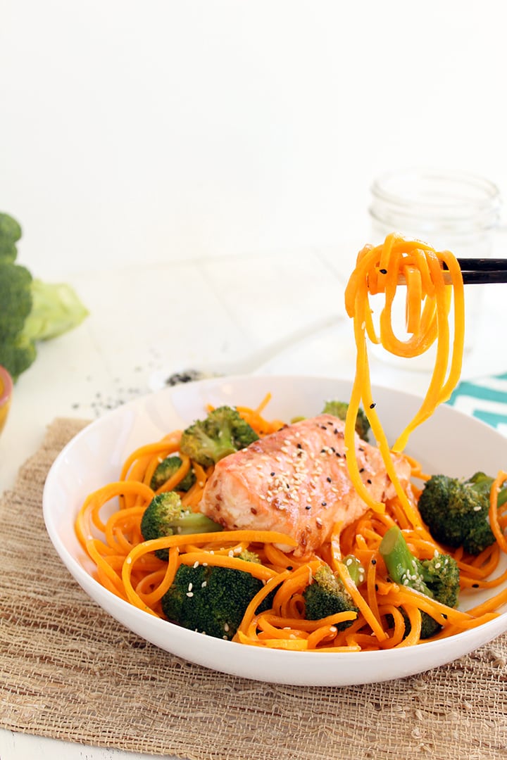 Butternut Squash Soba Noodles with Sesame Broccoli and Baked Salmon