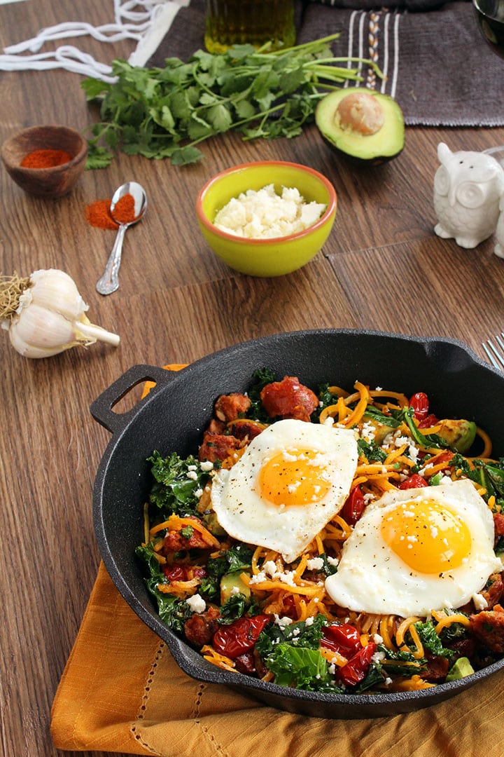 Smoked Chorizo and Butternut Squash Noodle Skillet with Avocado, Kale and Fried Eggs