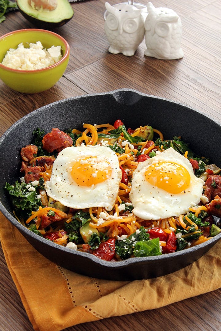 Smoked Chorizo and Butternut Squash Noodle Skillet with Avocado, Kale and Fried Eggs