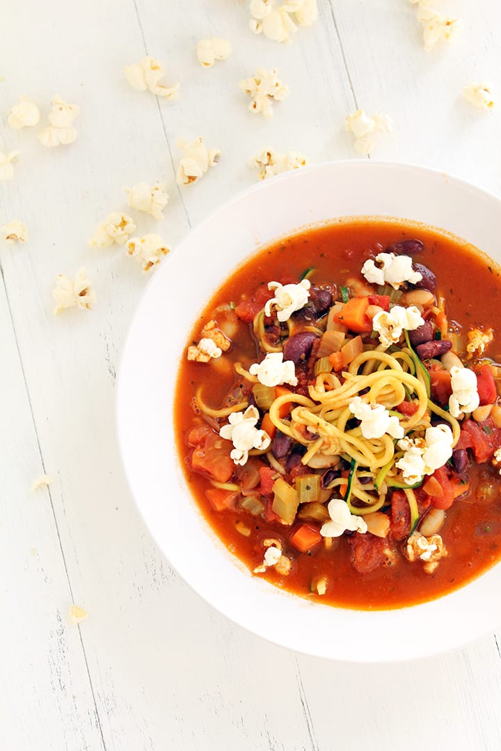 Minestrone Zucchini Noodle Soup with Parmesan-Rosemary Popcorn