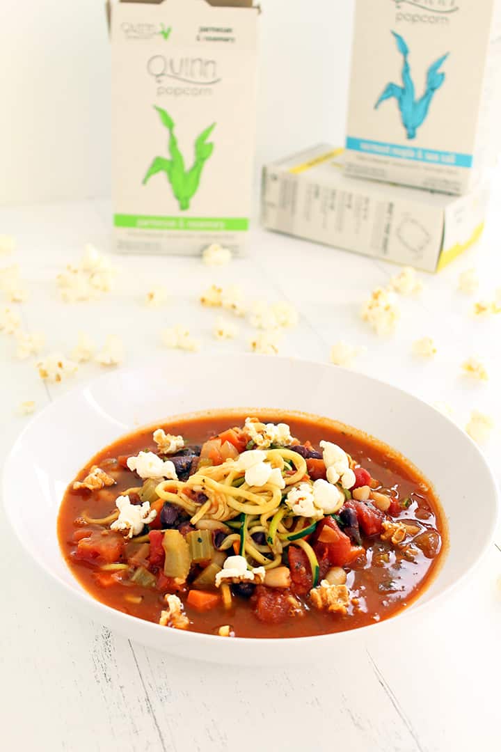 Minestrone Zucchini Noodle Soup with Parmesan-Rosemary Popcorn