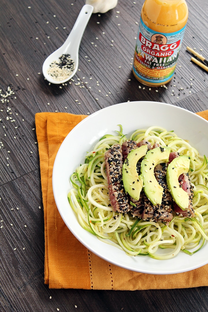 Sesame Crusted Tuna & Avocado with Spicy Sesame Zucchini Noodles 