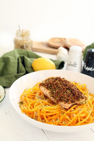 Broccoli Breadcrumb Baked Salmon with Butternut Squash Noodles (on KitchenAid!)