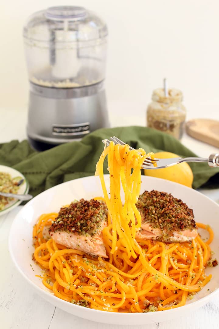 Broccoli Breadcrumb Baked Salmon with Butternut Squash Noodles