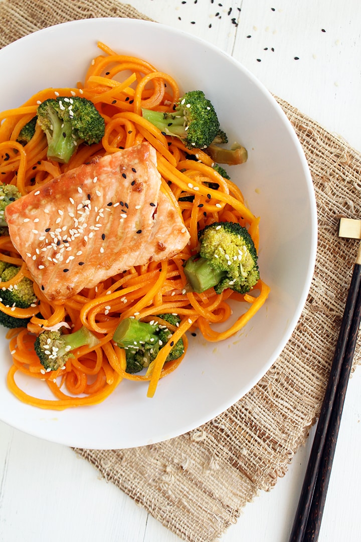 Butternut Squash Soba Noodles with Sesame Broccoli and Baked Salmon
