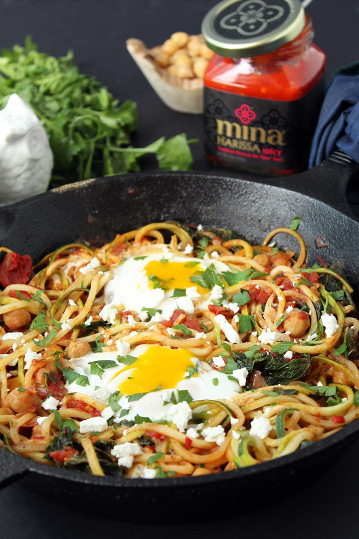 Harissa Zucchini Spaghetti Skillet with Kale, Chickpeas and Poached Eggs