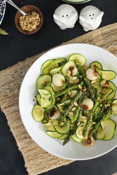 Balsamic Roasted Pearl Onions, Asparagus & Toasted Pine Nuts with Zucchini Pasta