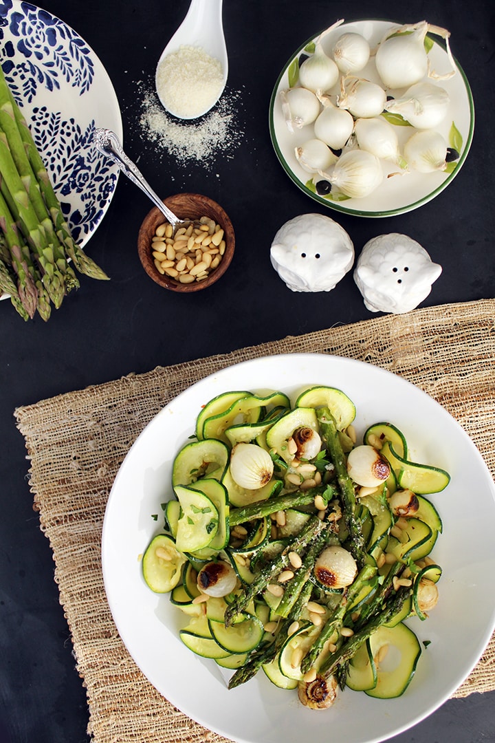Balsamic Roasted Pearl Onions, Asparagus & Toasted Pine Nuts with Zucchini Pasta 