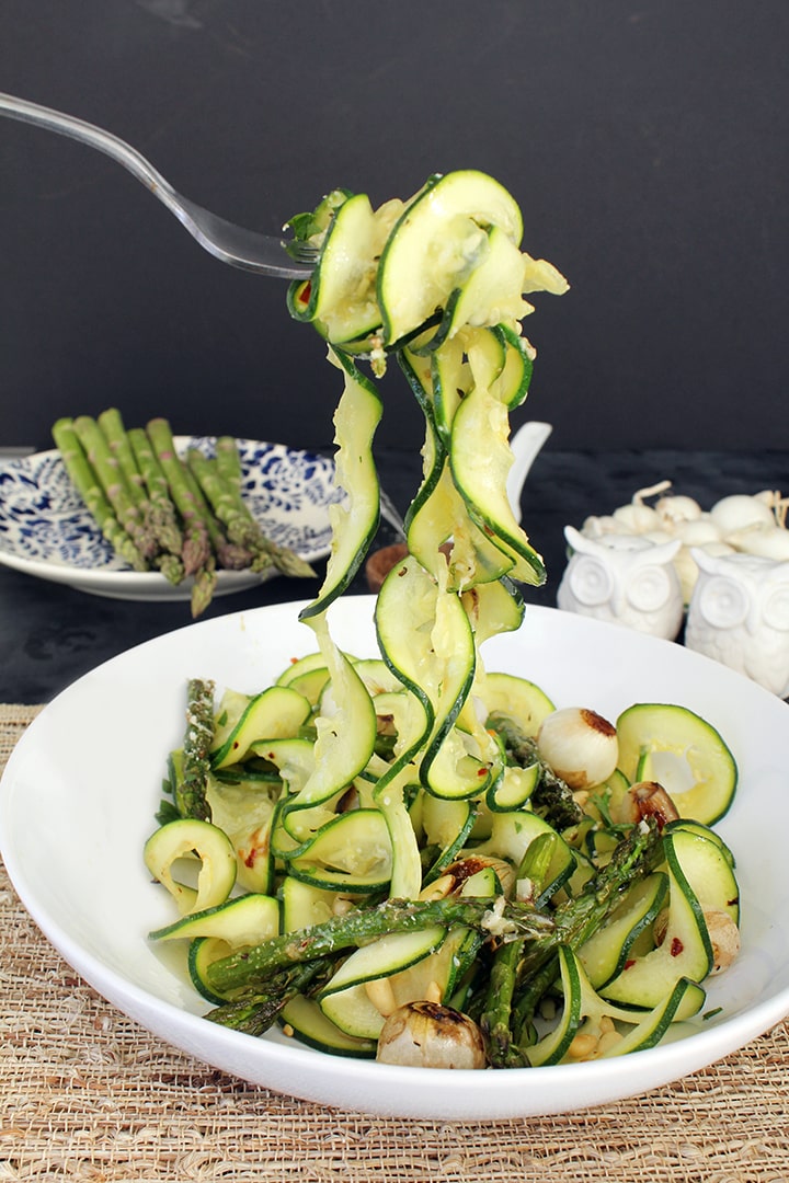 Balsamic Roasted Pearl Onions, Asparagus & Toasted Pine Nuts with Zucchini Pasta 