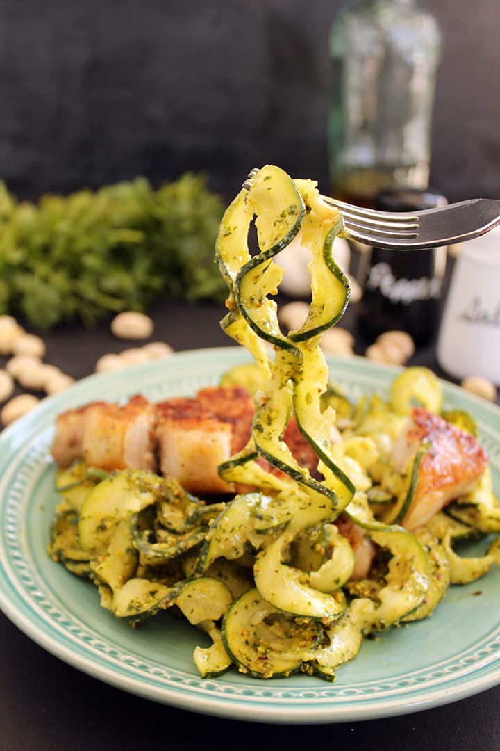 Pistachio-Parsley Pesto Zucchini Pasta with Roasted Pork Chops