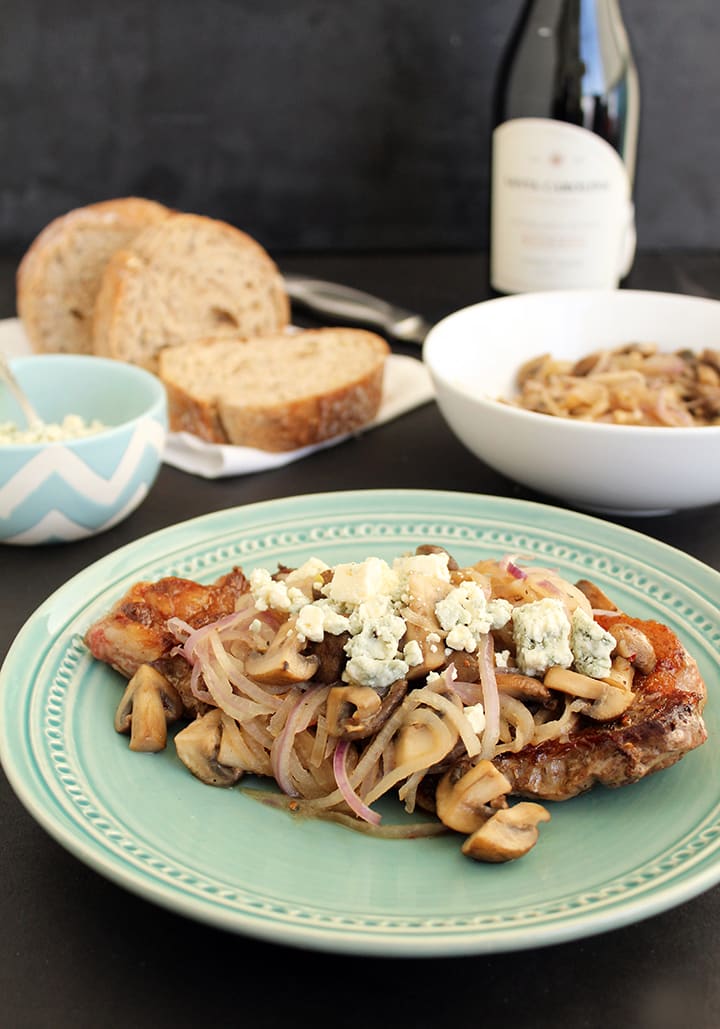 Spiralized Onions, Mushrooms and Blue Cheese with Pan-Fried Steak