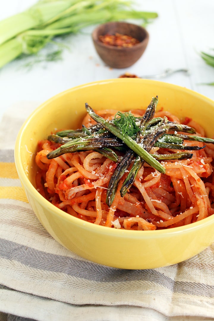 Winter Tomato-Fennel Turnip Noodles with Roasted Petit Green Beans