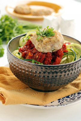Cauliflower-Feta Meatballs with Spicy Moroccan Tomato Zucchini Noodles