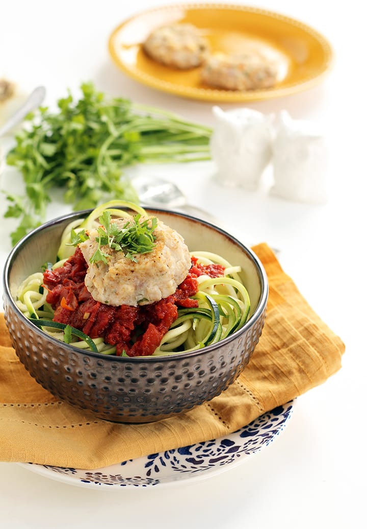 Cauliflower-Feta Meatballs with Spicy Moroccan Tomato Zucchini Noodles