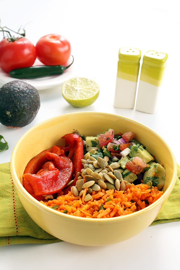 Jalapeno Carrot Rice Salad with Charred Peppers, Pepitas & Avocado-Tomato Salsa