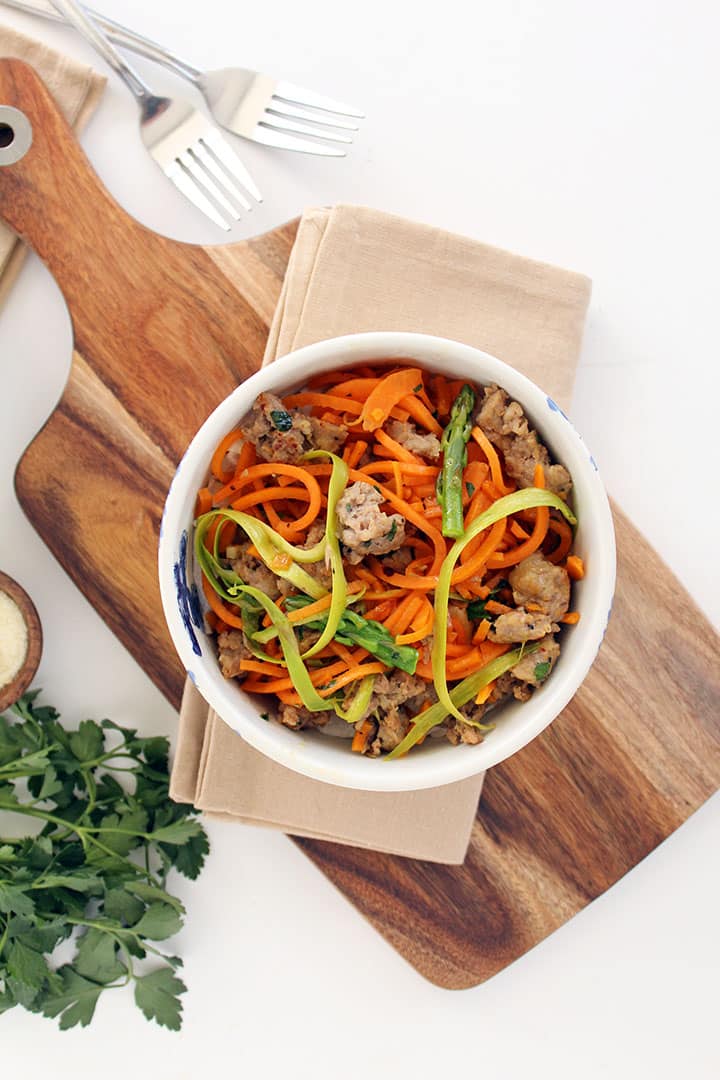 Shaved Asparagus and Sausage Sweet Potato Noodle Pasta