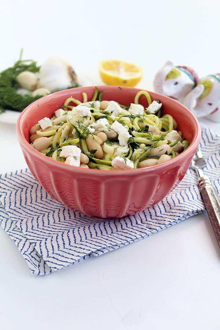 Dill-Zucchini Pasta with Cannellini Beans, Hearts of Palm and Feta