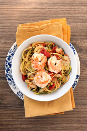Tomato Zucchini Noodles with Shrimp, Roasted Artichokes and Cannellini Beans