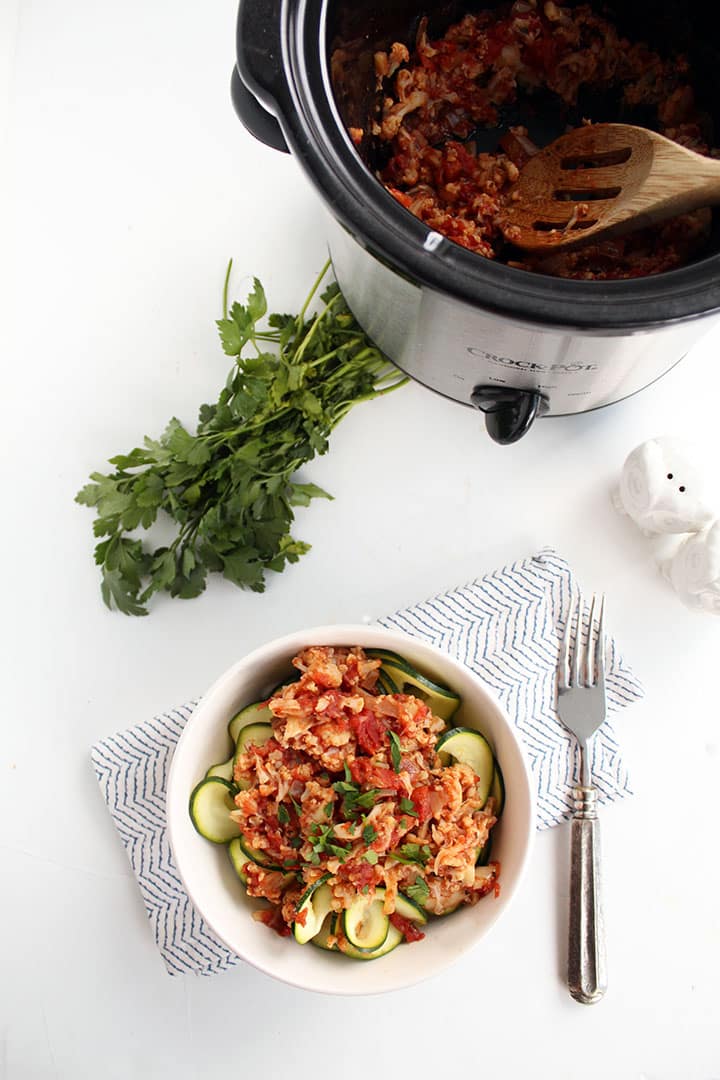 Crockpot Cauliflower Bolognese with Zucchini Noodles 