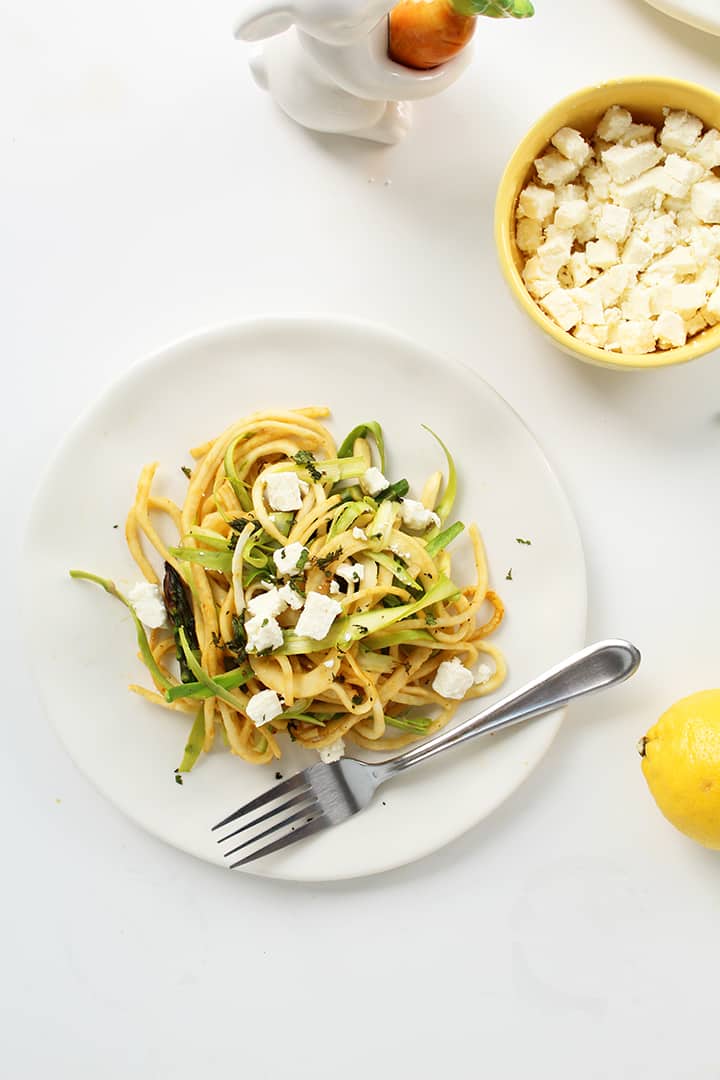 Lemon-Garlic Celeriac Noodle Salad with Feta, Mint and Shaved Asparagus