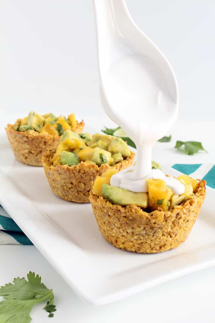 Whipped Coconut Cream Plantain Cups with Mango and Avocado 