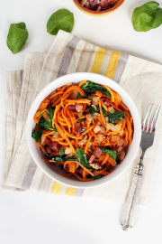 Garlic Sweet Potato Noodles with Pancetta and Baby Spinach