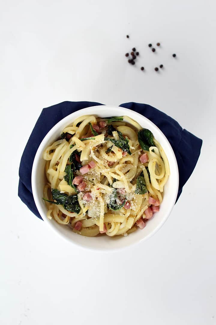Spring Parsnip Noodles with Ramps, Baby Kale and Ham