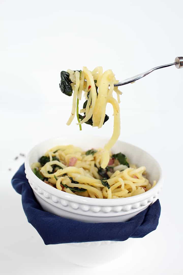 Spring Parsnip Noodles with Ramps, Baby Kale and Ham