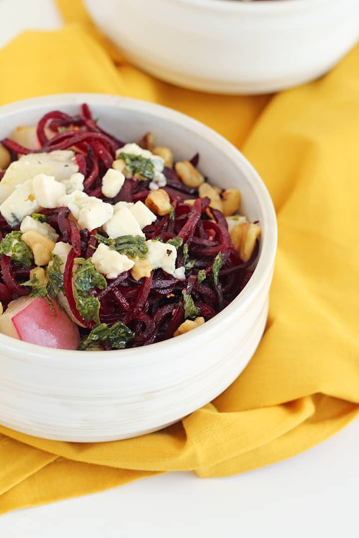 Roasted White Peaches & Beet Noodles with Honey-Mint White Balsamic