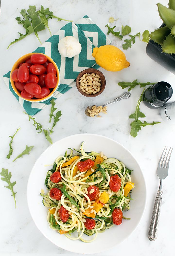 Roasted Pepper Zucchini Pasta with Balsamic Roasted Tomatoes, Baby Arugula and Toasted Pine Nuts