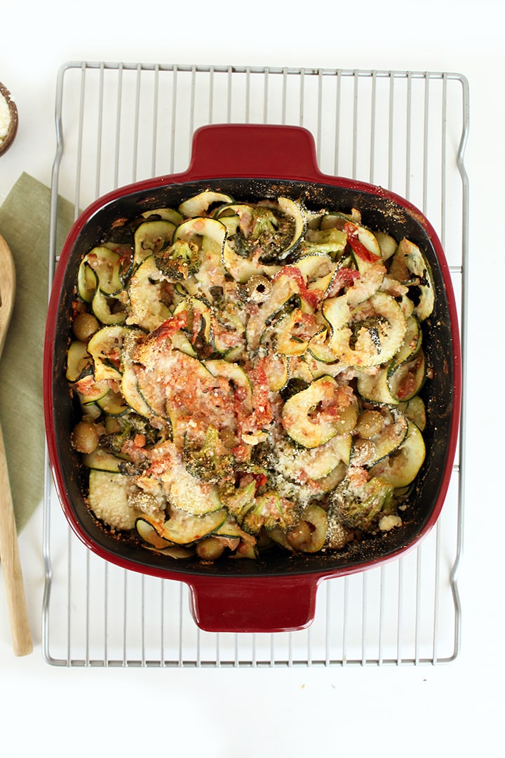 Baked Zucchini Pasta with Pancetta, Olives and Broccoli