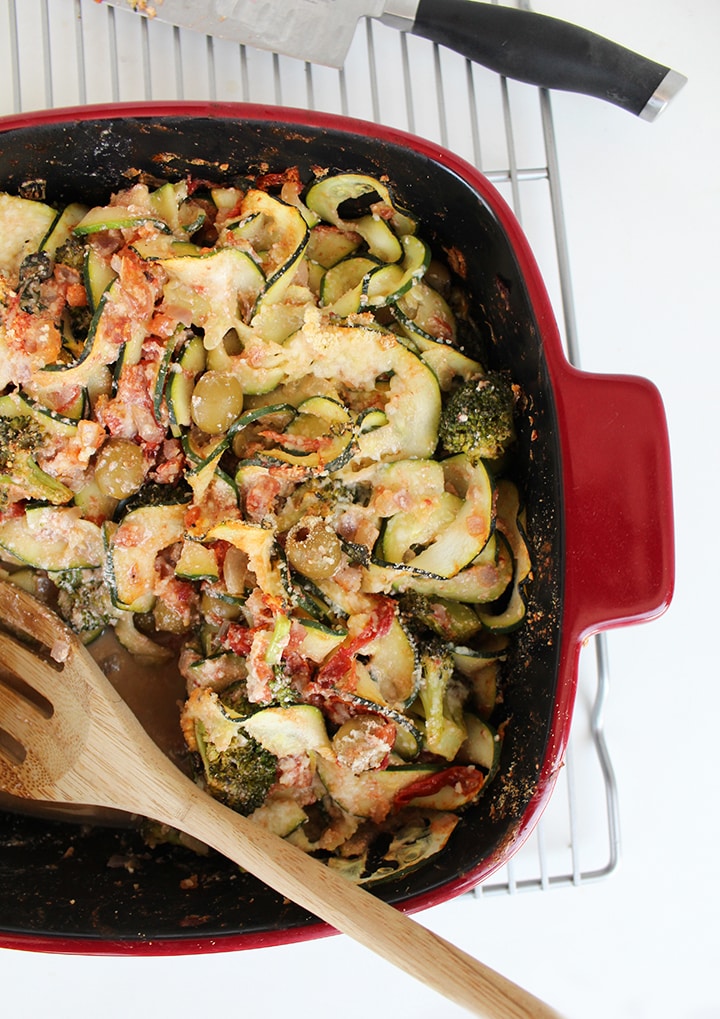 Baked Zucchini Pasta with Pancetta, Olives and Broccoli