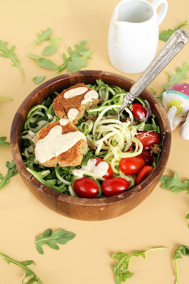 Baked Falafel and Cucumber Noodle Salad with Mint-Tahini Dressing