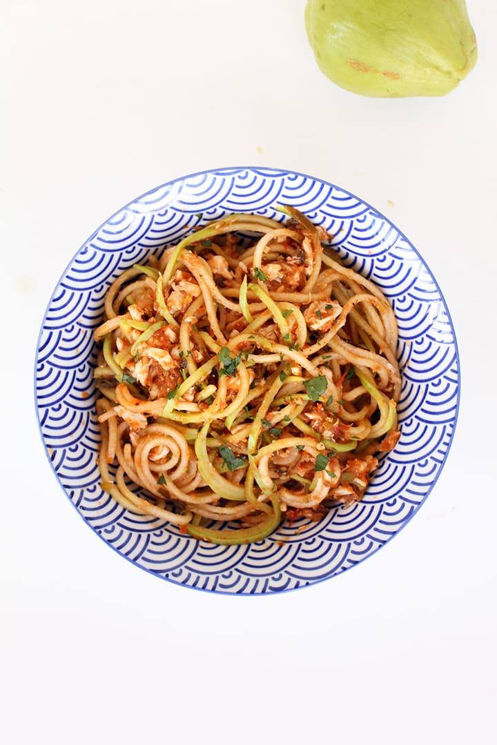 Roasted Garlic Scape and Tomato Chayote Noodles with Crab