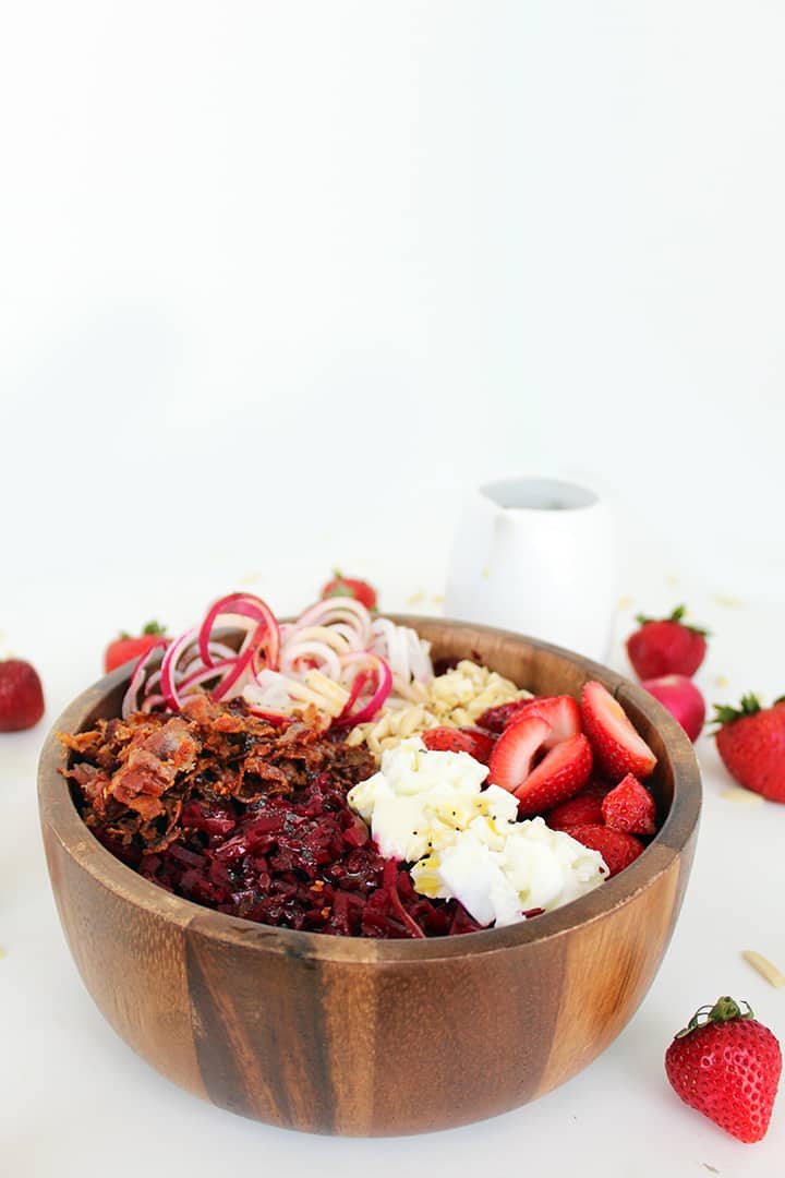 Beet Rice and Strawberry Bacon Salad with Poppy Seed Vinaigrette
