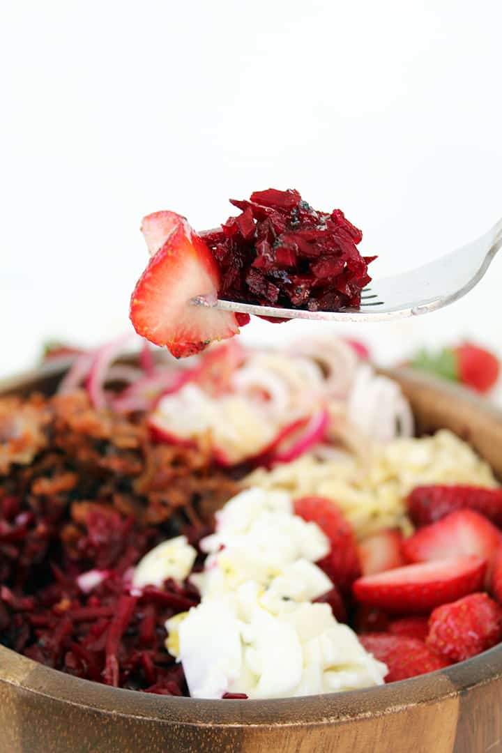 Beet Rice and Strawberry Bacon Salad with Poppy Seed Vinaigrette