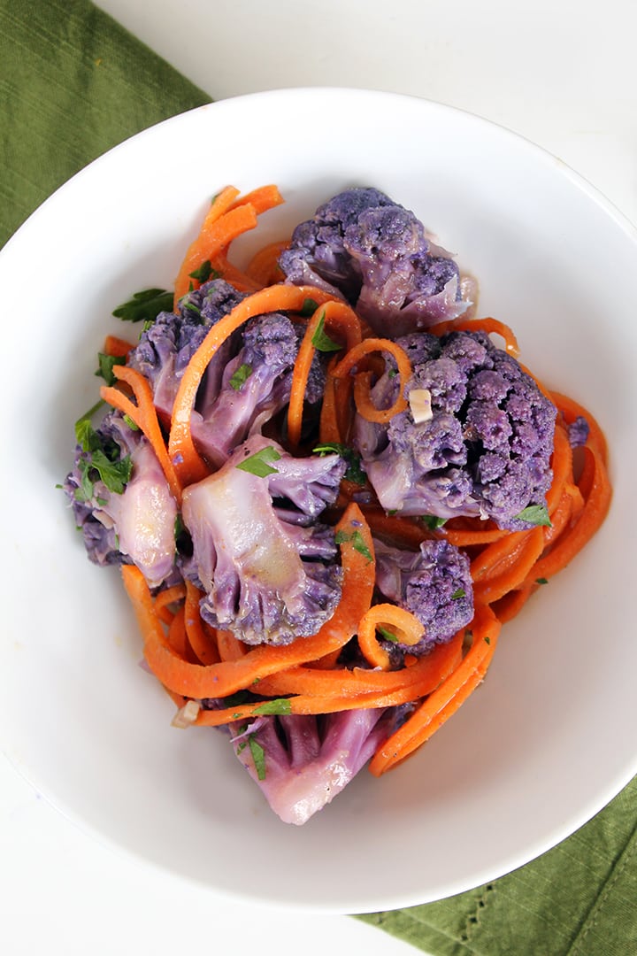 Purple Cauliflower Thai Green Coconut Curry with Carrot Noodles