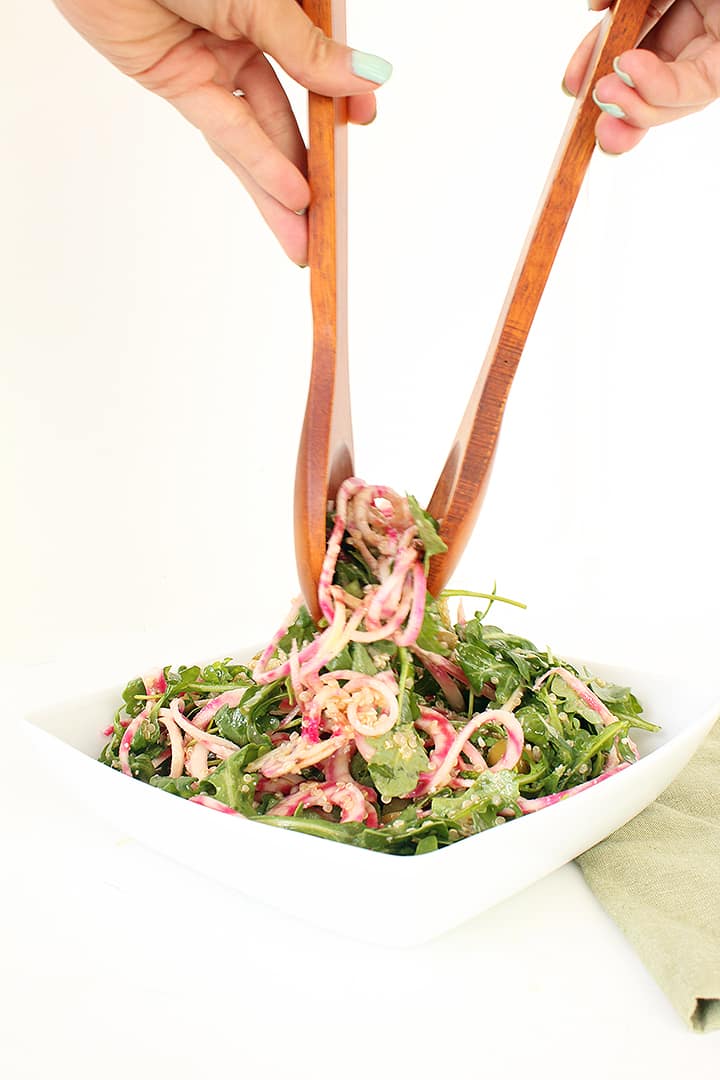 Candy Cane Beet Noodle and Arugula Quinoa Salad with Parmesan-Garlic Vinaigrette