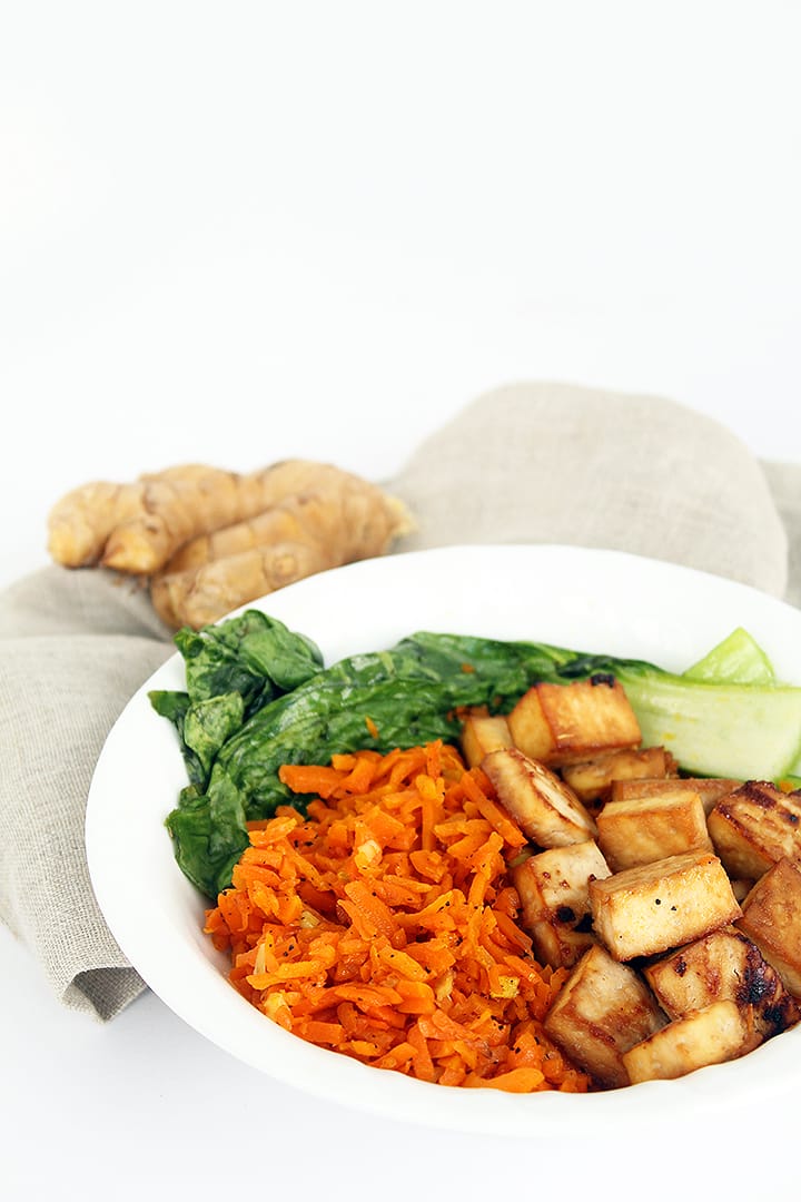 Honey Ginger Tofu and Carrot Rice with Bok Choy