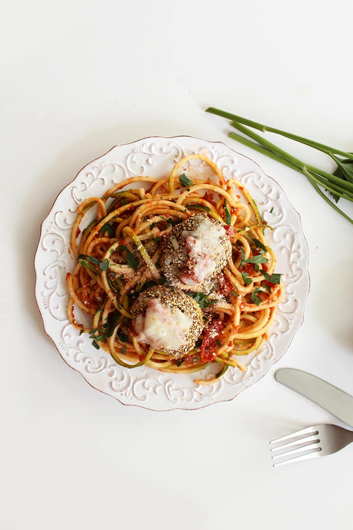 Zucchini Spaghetti and Quinoa Crusted Chicken Parmesan Meatballs
