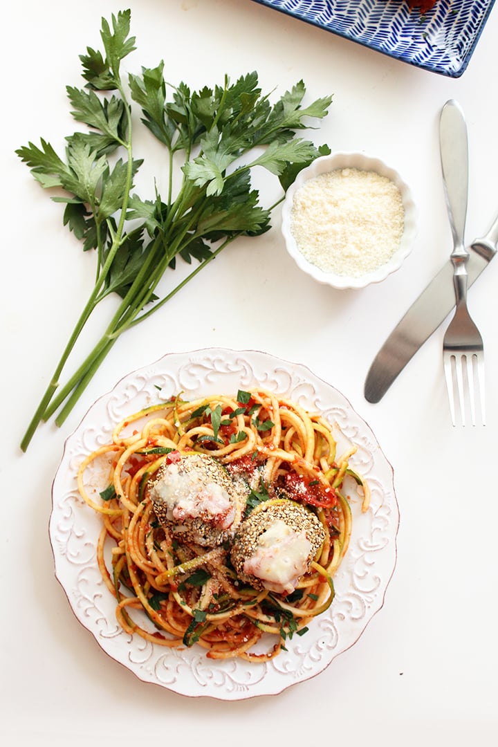 Zucchini Spaghetti and Quinoa Crusted Chicken Parmesan Meatballs