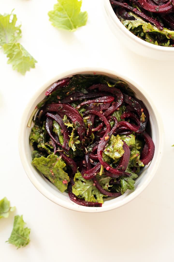 Roasted Beet Noodles with Pesto and Baby Kale 