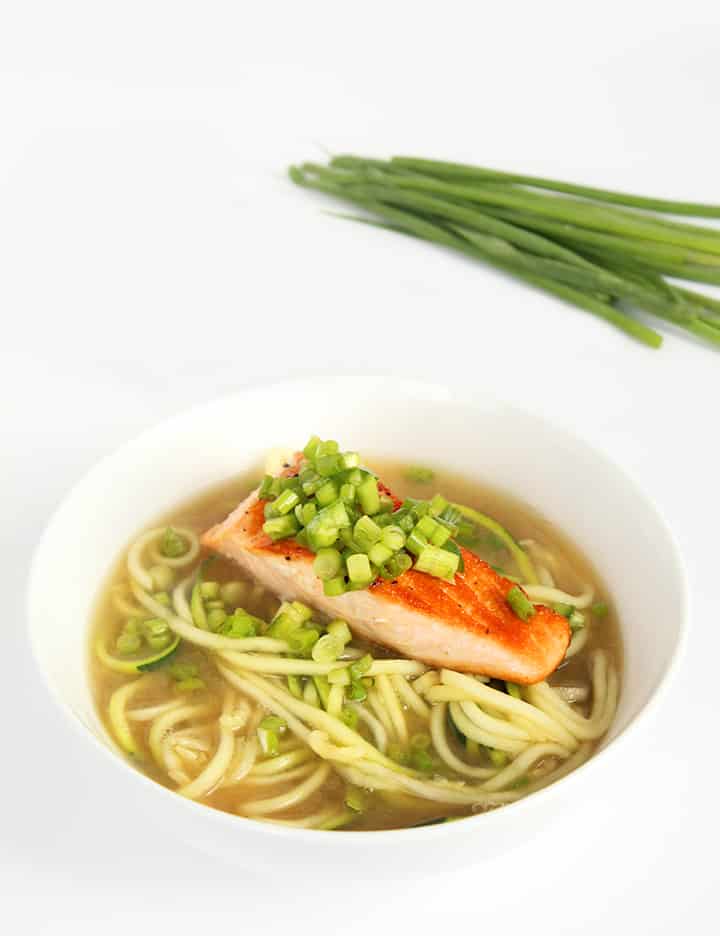 Ginger Seared Salmon in Miso Broth with Jalapeno-Scallion Relish and Zucchini Noodles