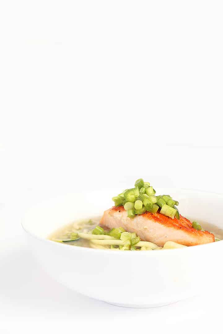 Ginger Seared Salmon in Miso Broth with Jalapeno-Scallion Relish and Zucchini Noodles