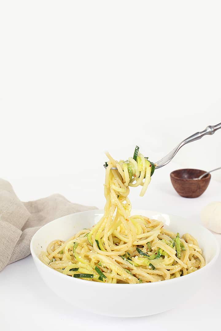 Garlic-Parmesan Zucchini Noodles and Spaghetti Pasta 