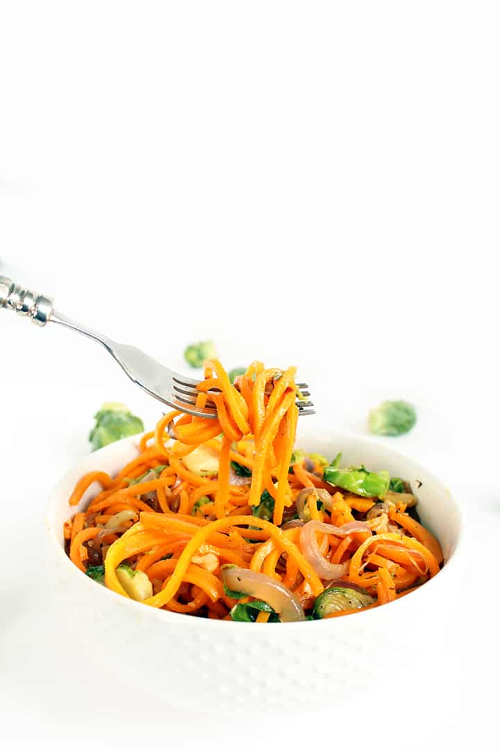 Butternut Squash Noodles with Shredded Brussels Sprouts, Walnuts and Caramelized Onions
