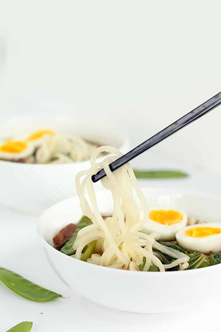 Sesame-Ginger Daikon Noodle Soup with Bok Choy, Snow Peas and Shiitake Mushrooms